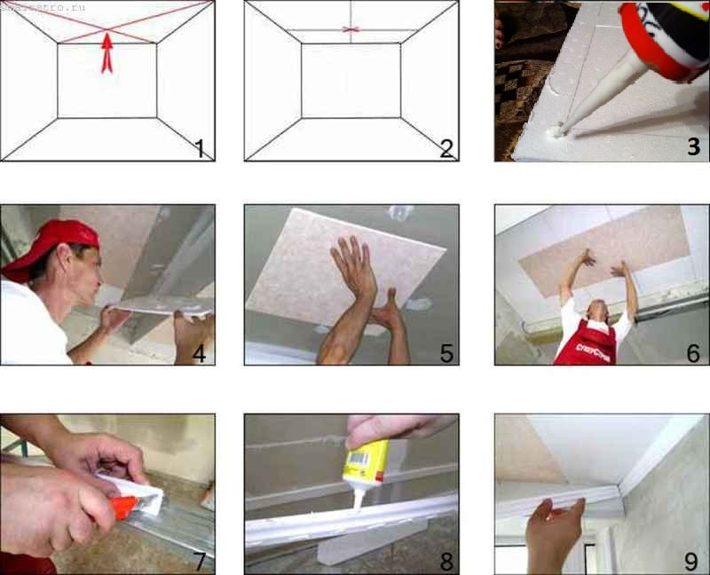 Способы приклеивания пенопластовых плиток на потолок